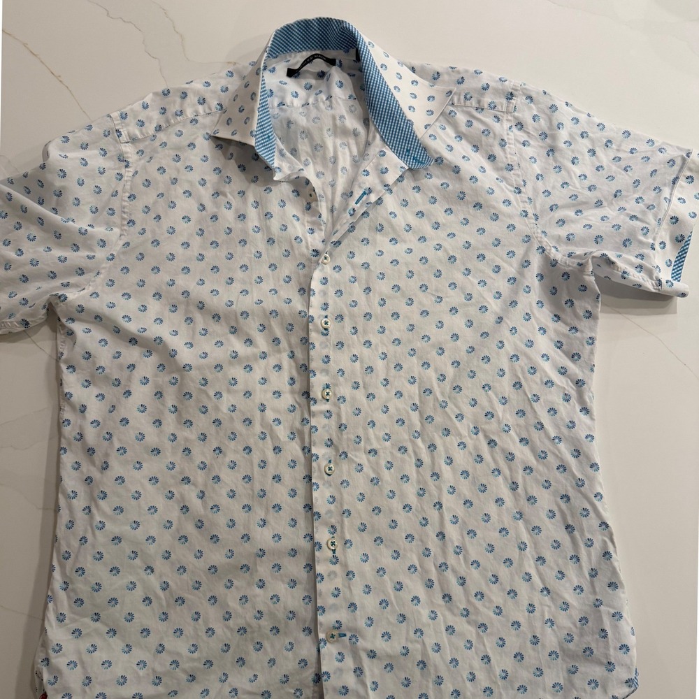 Hammer Made Mens White Blue Floral Print Short Sleeve Button Up Shirt Size 41/16